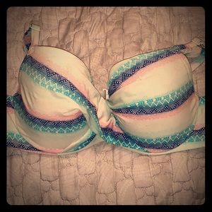 Blue, pink, and white bikini top